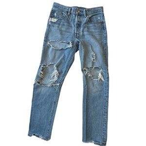 Levi’s Premium 501 High Rise Straight Leg Denim Jeans destroyed distressed